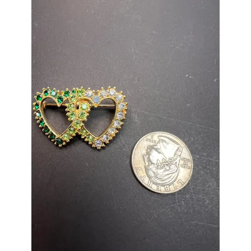 Vintage Gold Tone Double Heart Green Clear Rhinestone Brooch